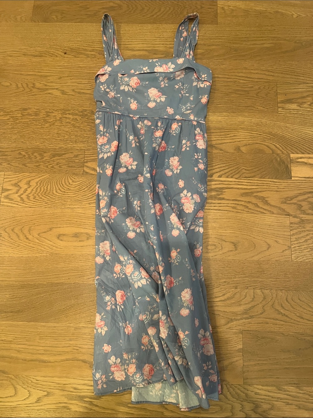 LoveShackFancy Blue Floral Maxi Dress with Pink Roses